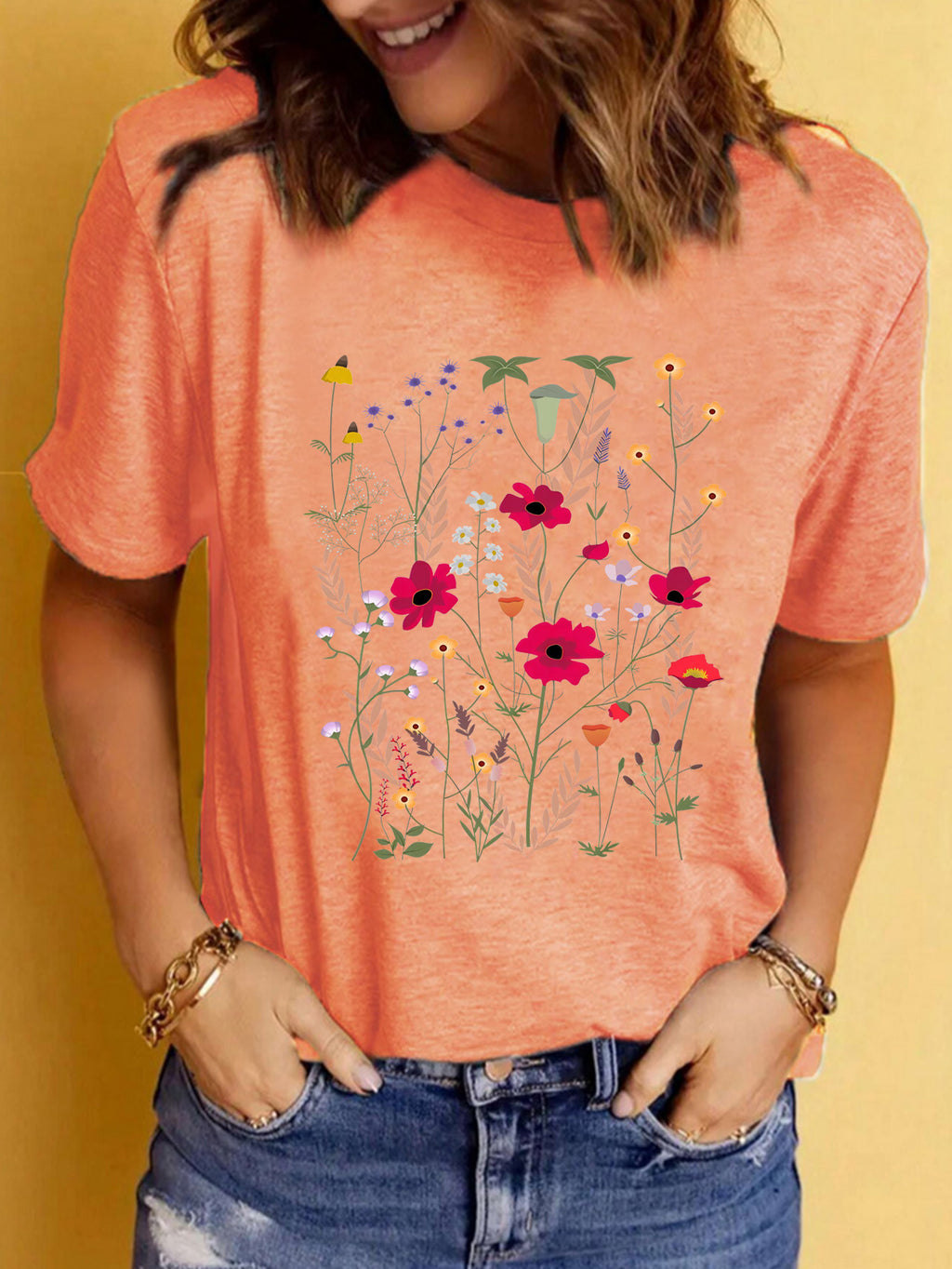 Spring Meadow Floral Graphic Tee - Orange