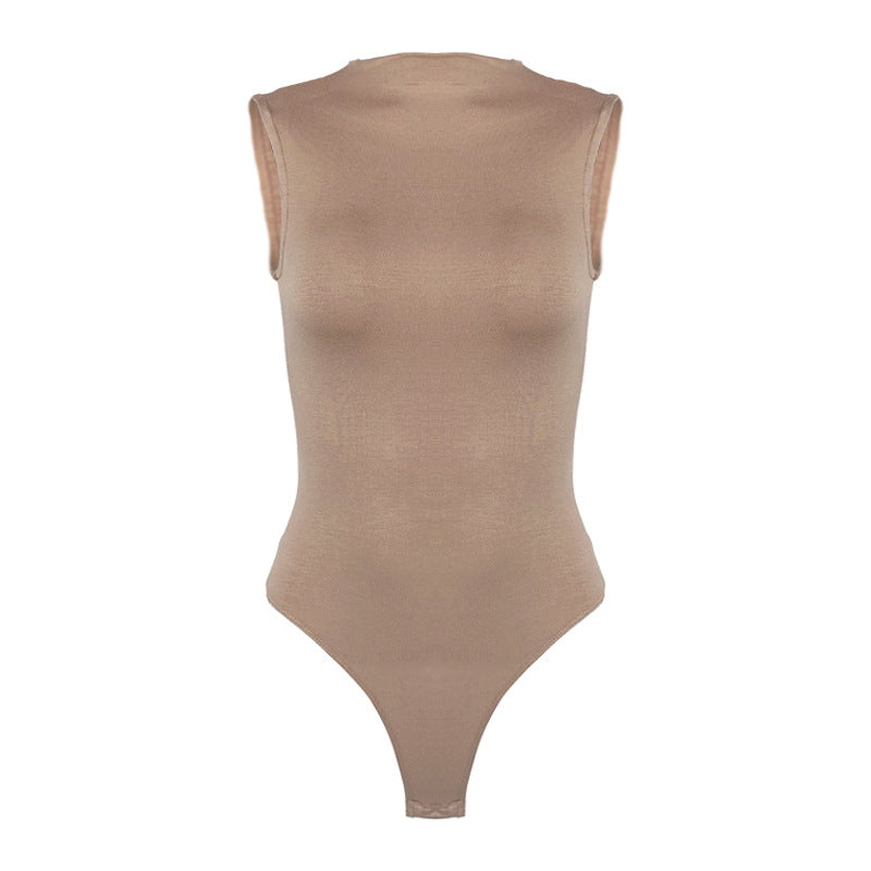 Smooth Mock Neck Sleeveless Thong Bodysuit - Apricot
