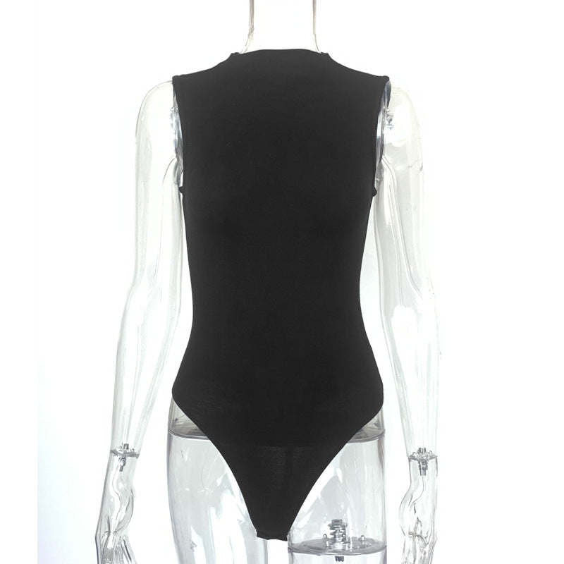 Smooth Mock Neck Sleeveless Thong Bodysuit - Black