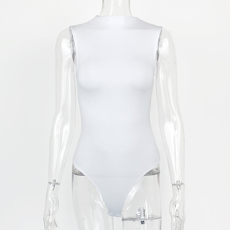 Smooth Mock Neck Sleeveless Thong Bodysuit - White