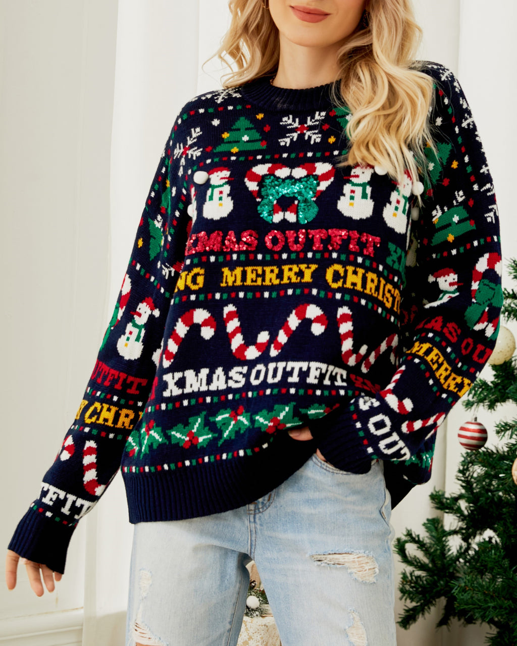 Snowman Candy Cane Christmas Knit Sweater - Navy - 1