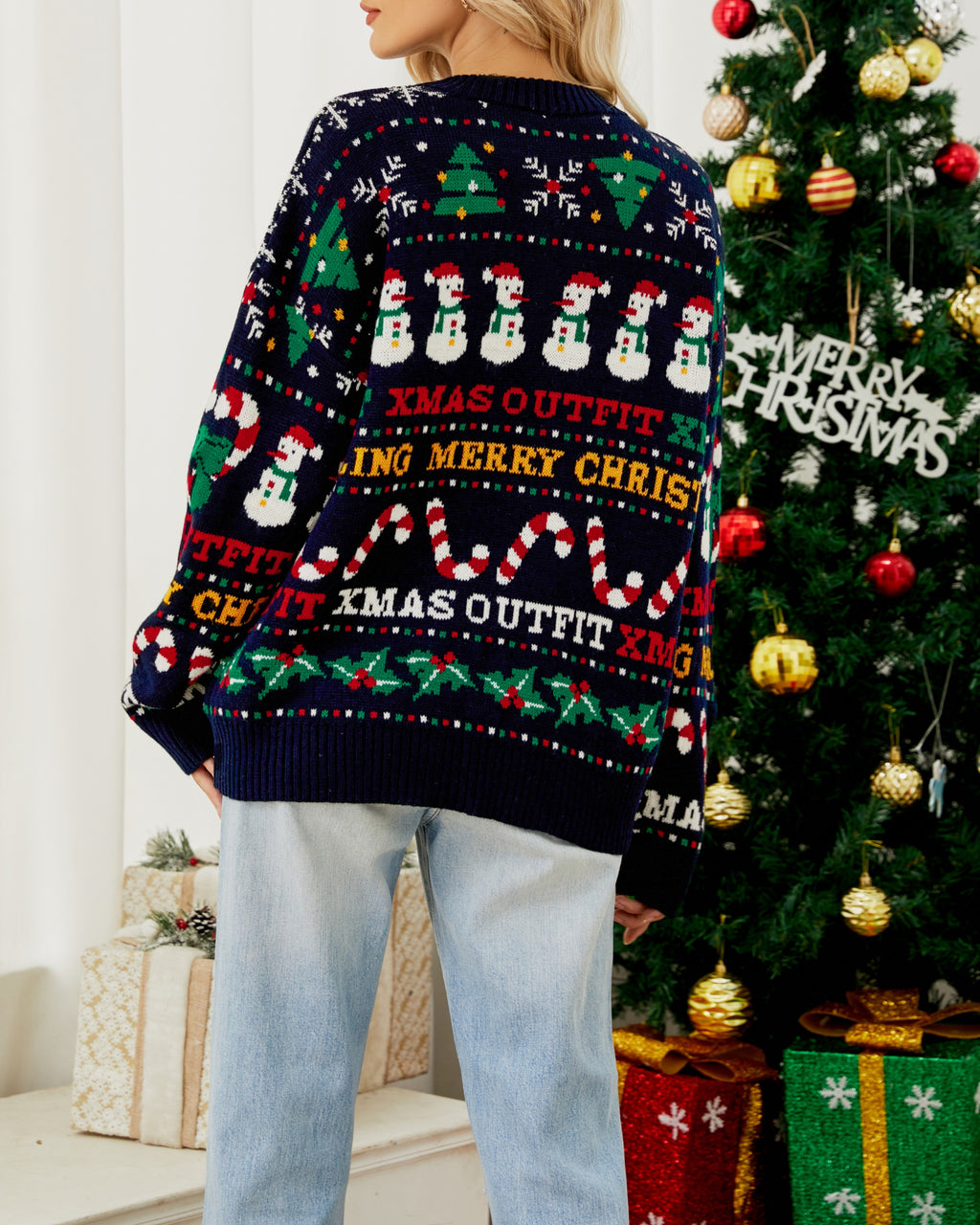 Snowman Candy Cane Christmas Knit Sweater - Navy - 2
