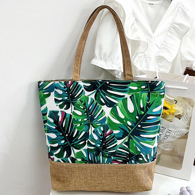 Tropical Leaf Print Jute Trim Tote - BGreen