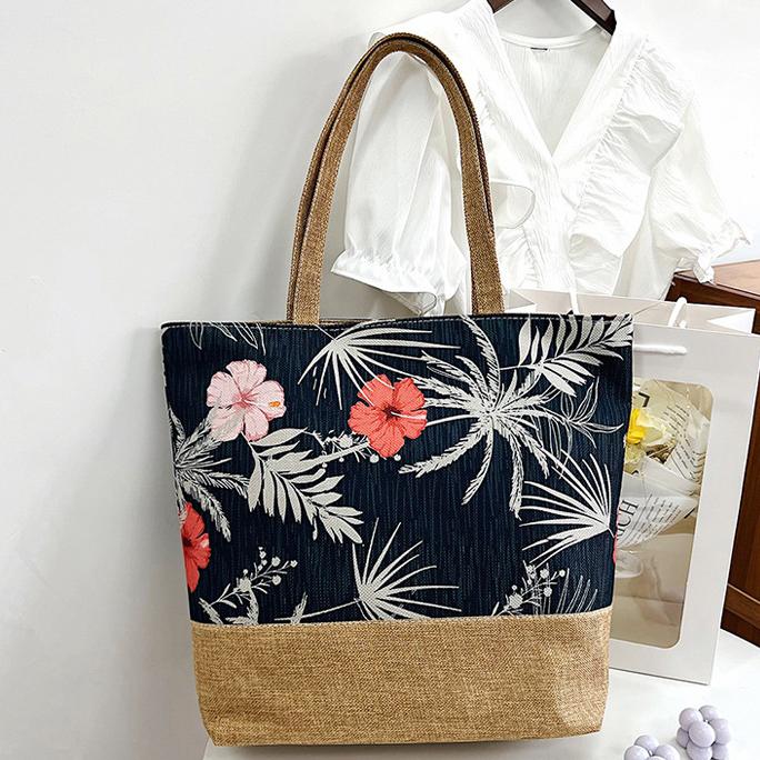 Tropical Leaf Print Jute Trim Tote - Black