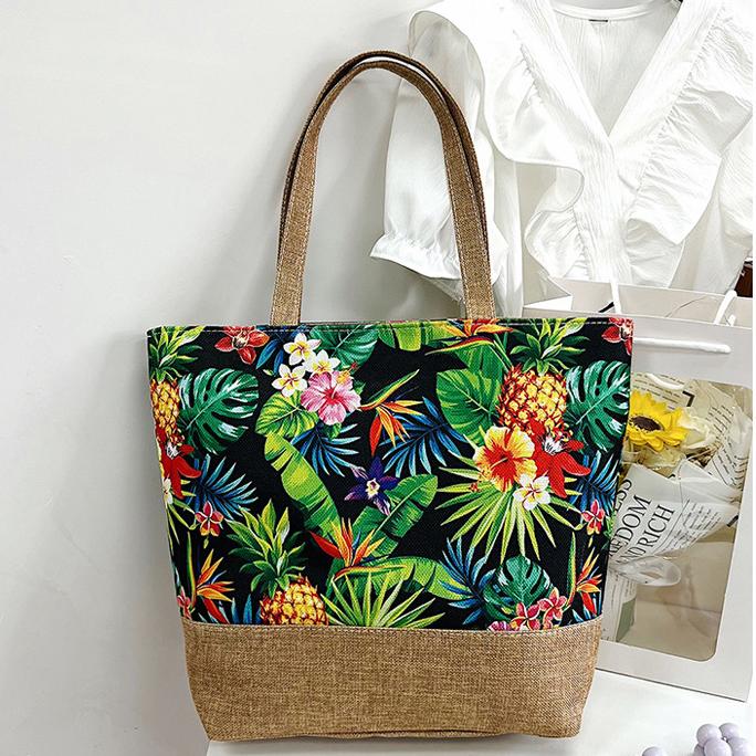 Tropical Leaf Print Jute Trim Tote - Colorful