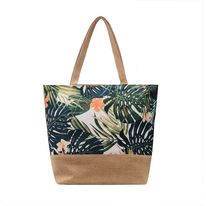 Tropical Leaf Print Jute Trim Tote - Dgreen