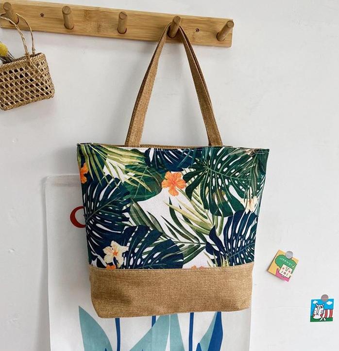 Tropical Leaf Print Jute Trim Tote - Dgreen - 1