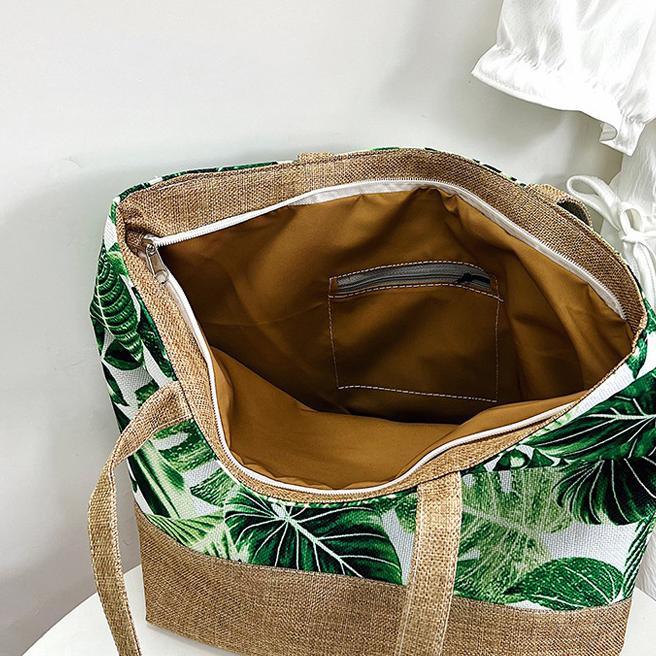 Tropical Leaf Print Jute Trim Tote - Grass - 1