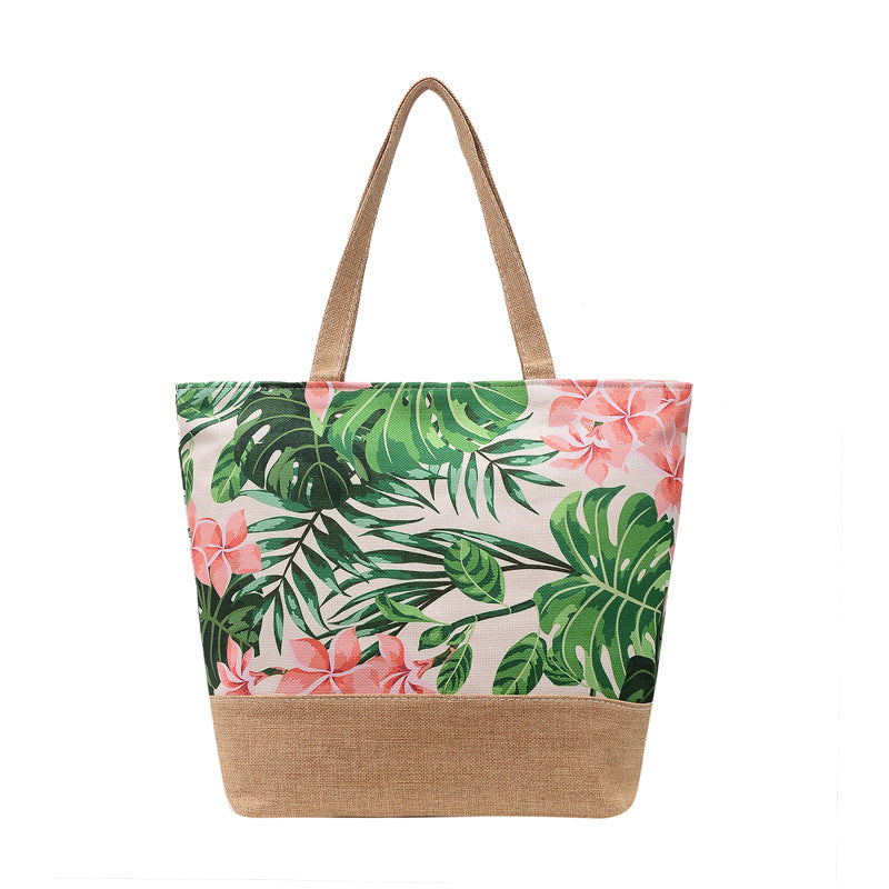 Tropical Leaf Print Jute Trim Tote - Pgreen