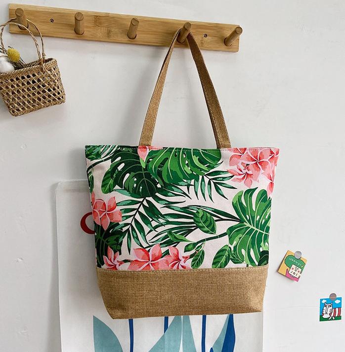 Tropical Leaf Print Jute Trim Tote - Pgreen - 1