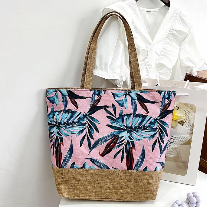 Tropical Leaf Print Jute Trim Tote - RedBlue