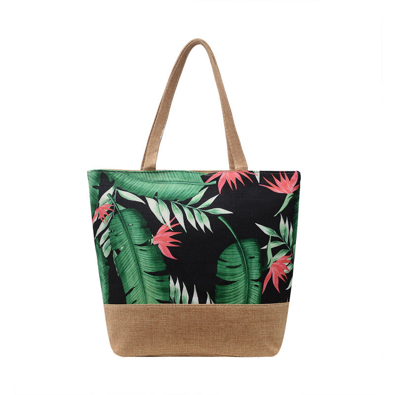 Tropical Leaf Print Jute Trim Tote - Rgreen