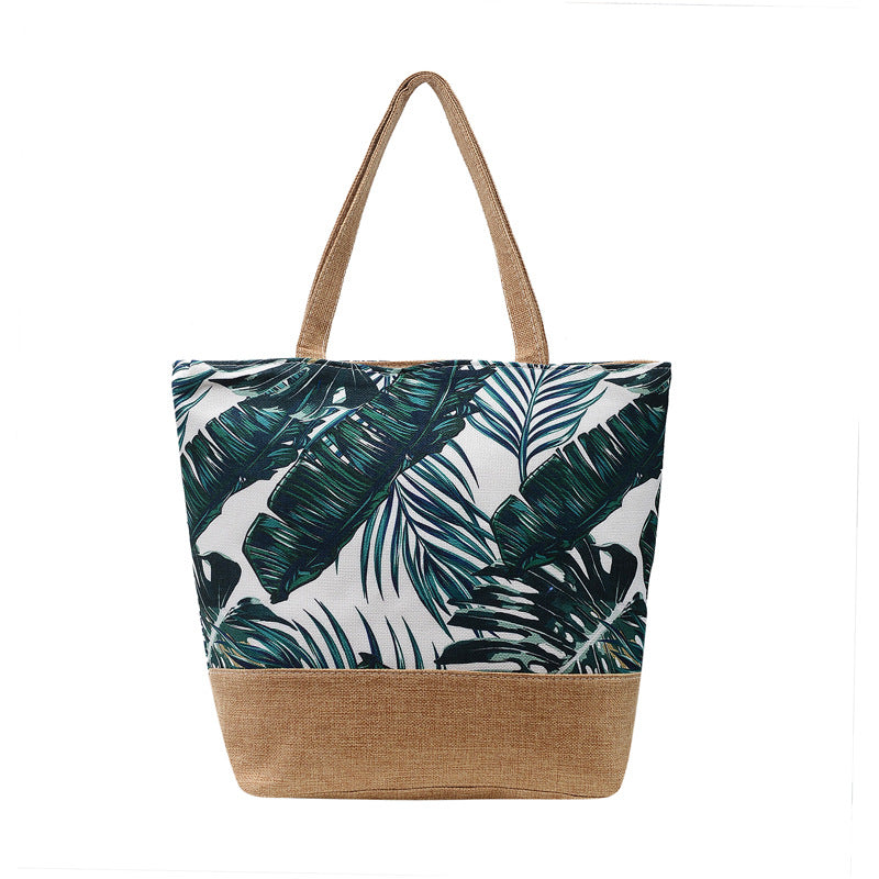 Tropical Leaf Print Jute Trim Tote - Sgreen
