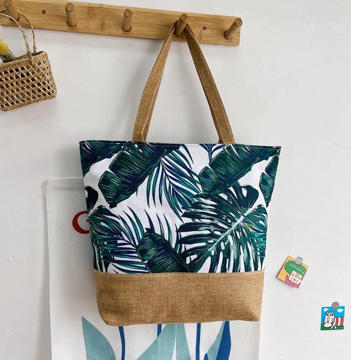 Tropical Leaf Print Jute Trim Tote - Sgreen - 1