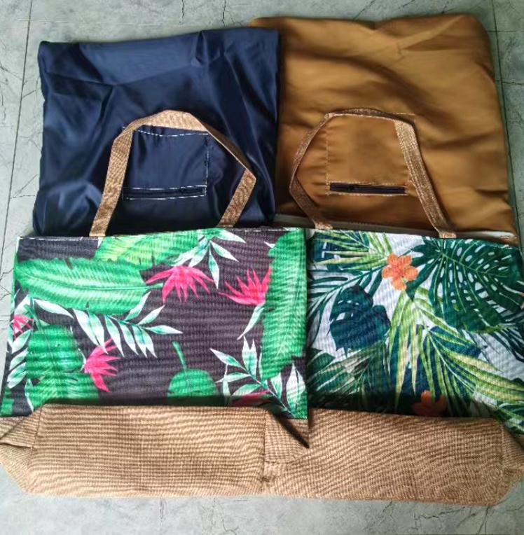Tropical Leaf Print Jute Trim Tote - Sgreen - 3