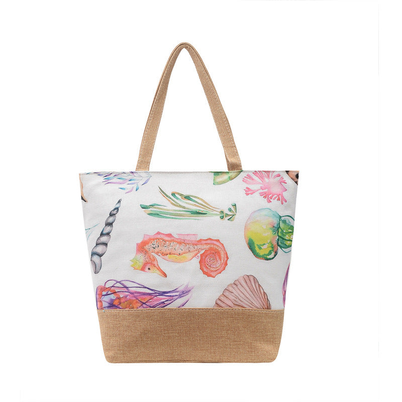 Tropical Leaf Print Jute Trim Tote - White