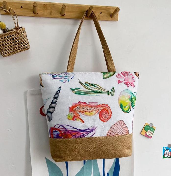 Tropical Leaf Print Jute Trim Tote - White - 1