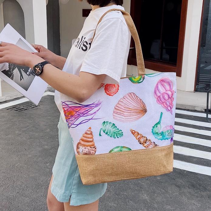 Tropical Leaf Print Jute Trim Tote - White - 2