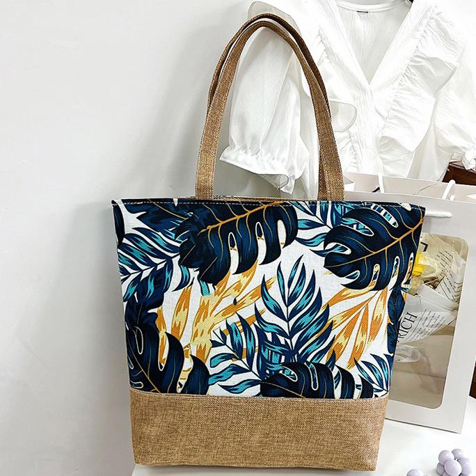 Tropical Leaf Print Jute Trim Tote - YBlue