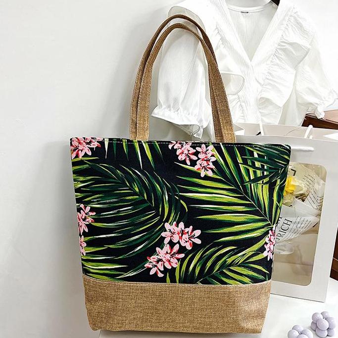 Tropical Leaf Print Jute Trim Tote - Ygreen