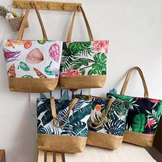 Tropical Leaf Print Jute Trim Tote - view 1