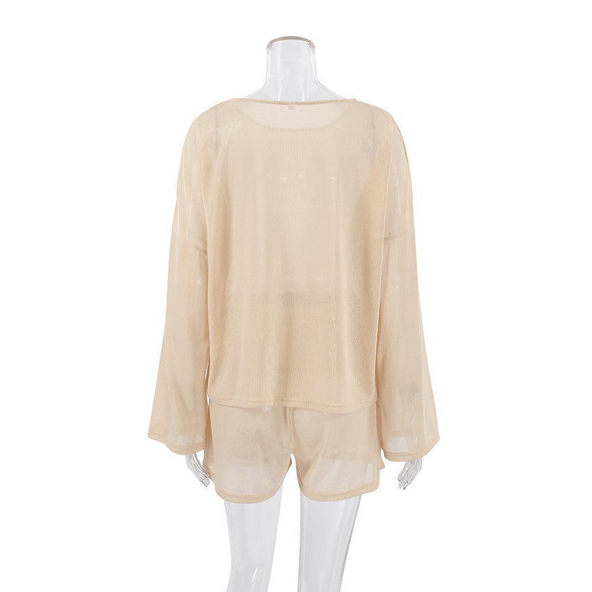 Oversized Long Sleeve Pajama Shorts Set - Khaki - 2