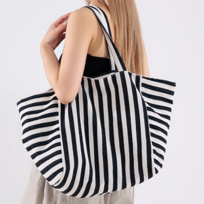 Woven Stripe Canvas Tote With Snap Closure - Black