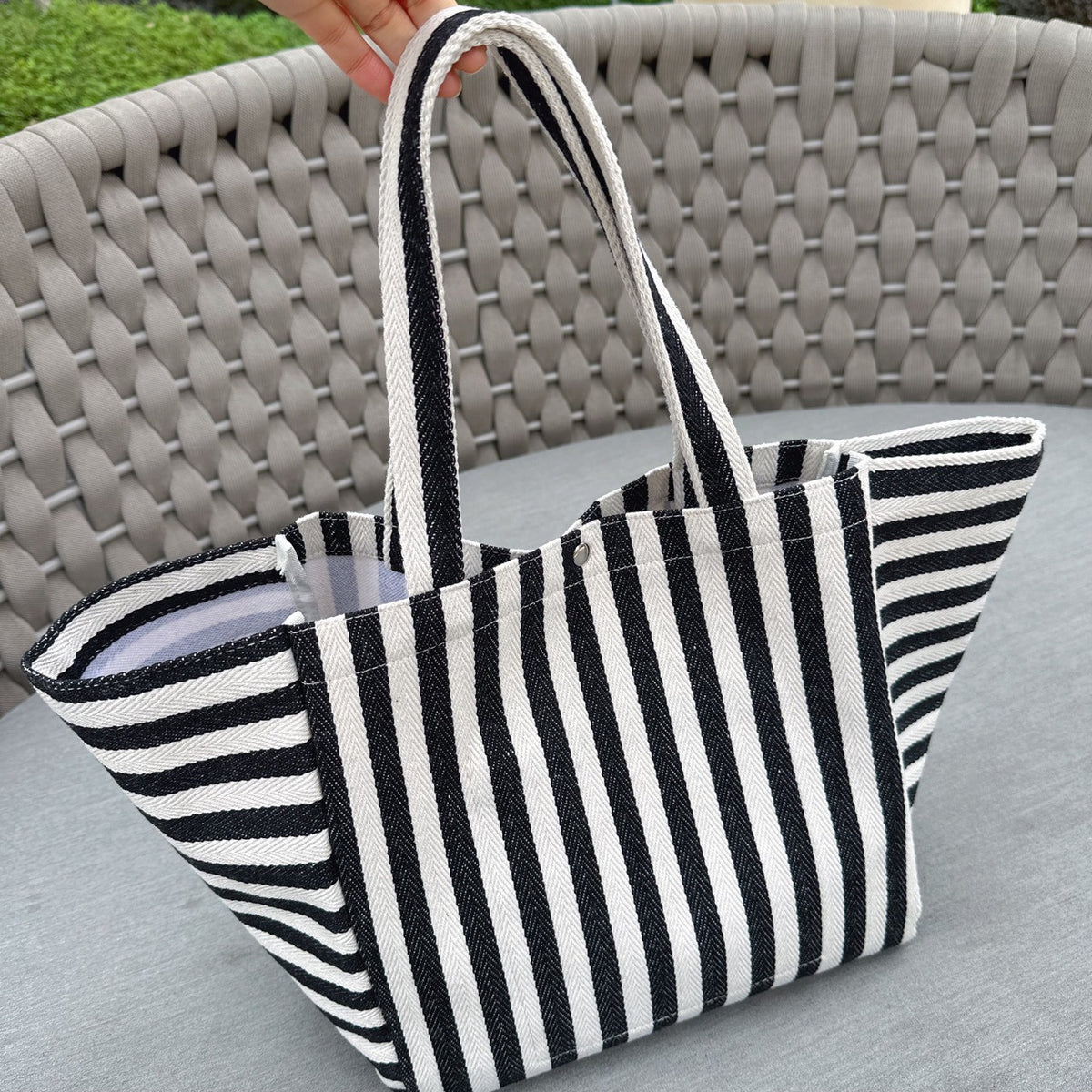Woven Stripe Canvas Tote With Snap Closure - Black - 1