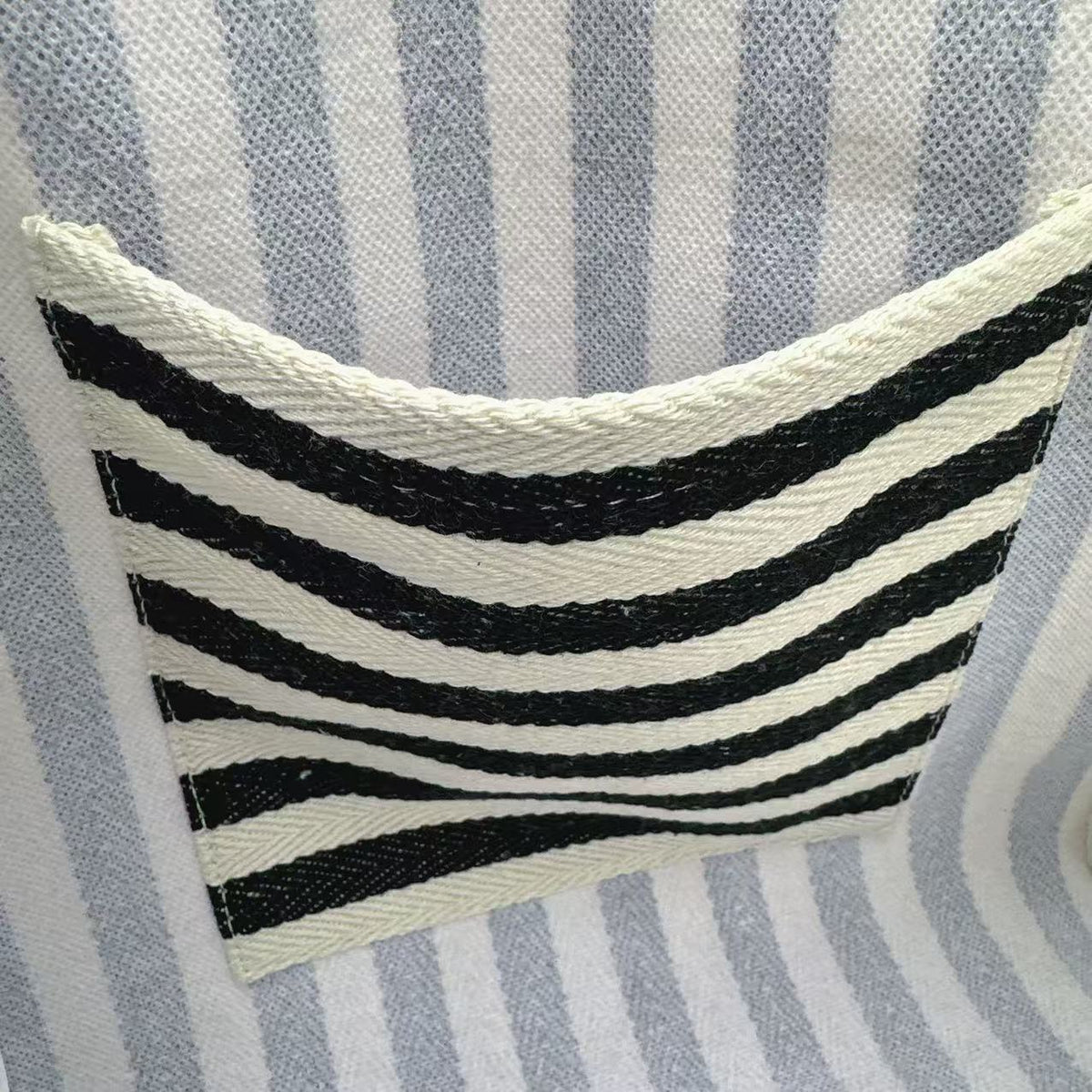 Woven Stripe Canvas Tote With Snap Closure - Black - 10