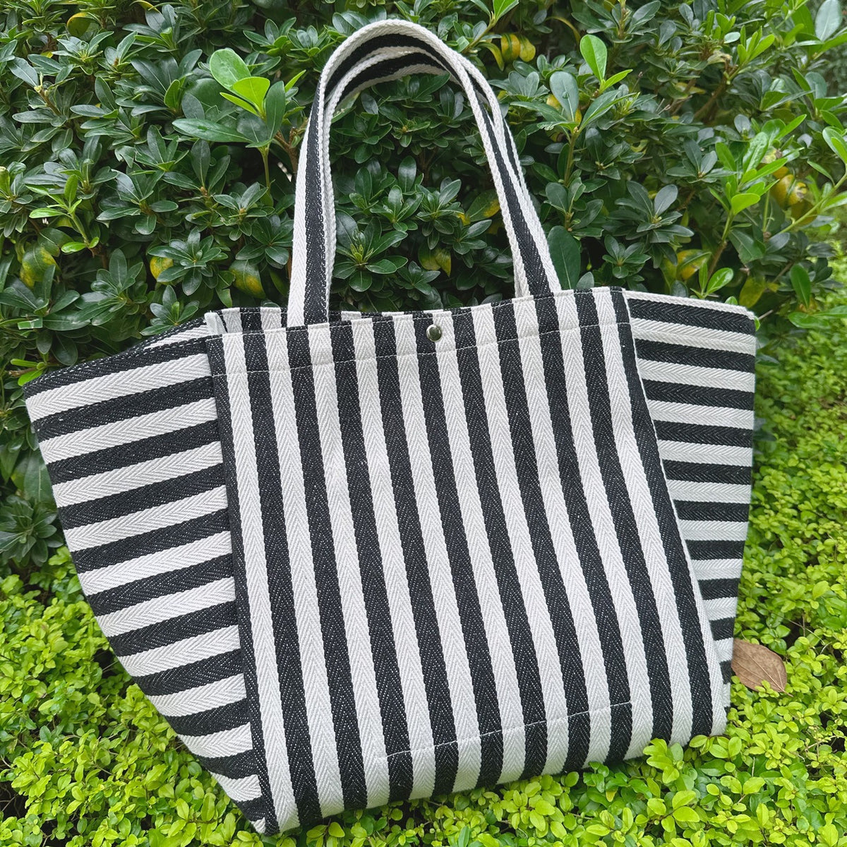 Woven Stripe Canvas Tote With Snap Closure - Black - 2