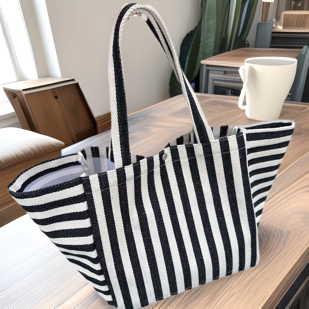 Woven Stripe Canvas Tote With Snap Closure - Black - 3