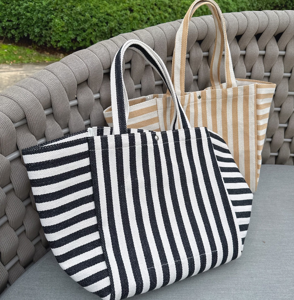 Woven Stripe Canvas Tote With Snap Closure - Black - 5