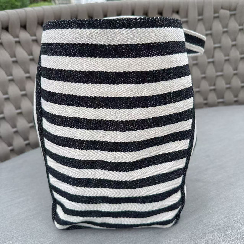 Woven Stripe Canvas Tote With Snap Closure - Black - 6