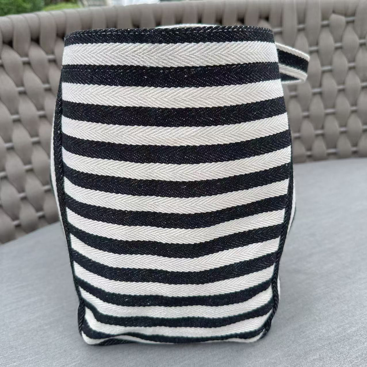 Woven Stripe Canvas Tote With Snap Closure - Black - 6