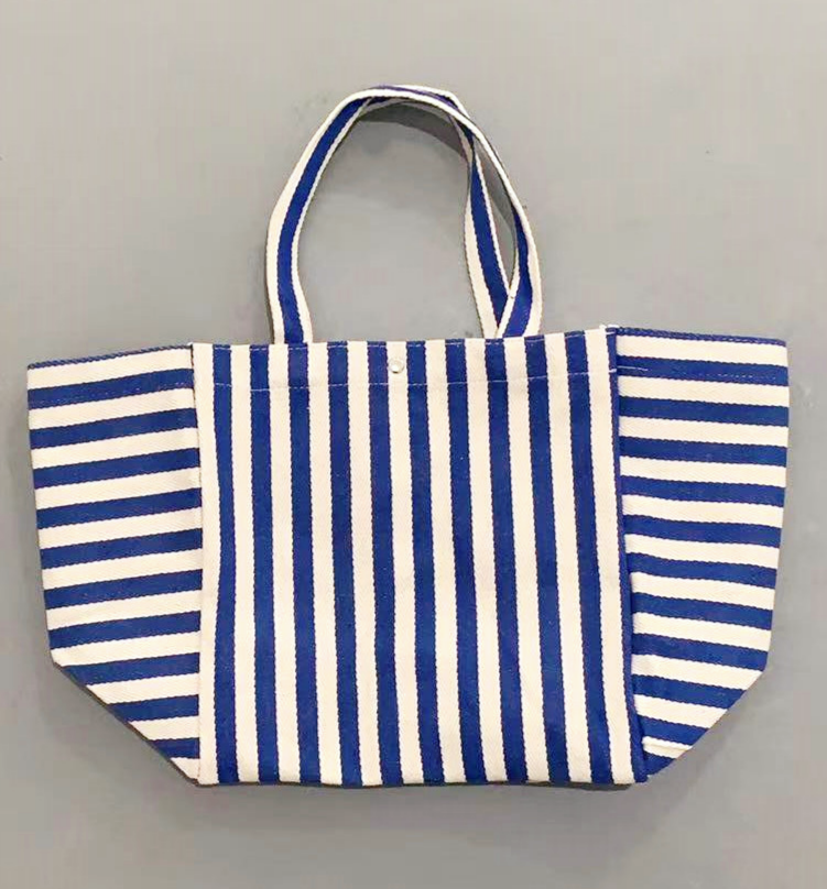 Woven Stripe Canvas Tote With Snap Closure - Blue