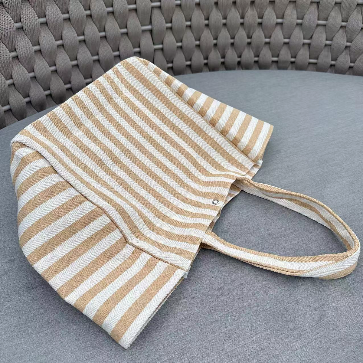 Woven Stripe Canvas Tote With Snap Closure - Camel - 1