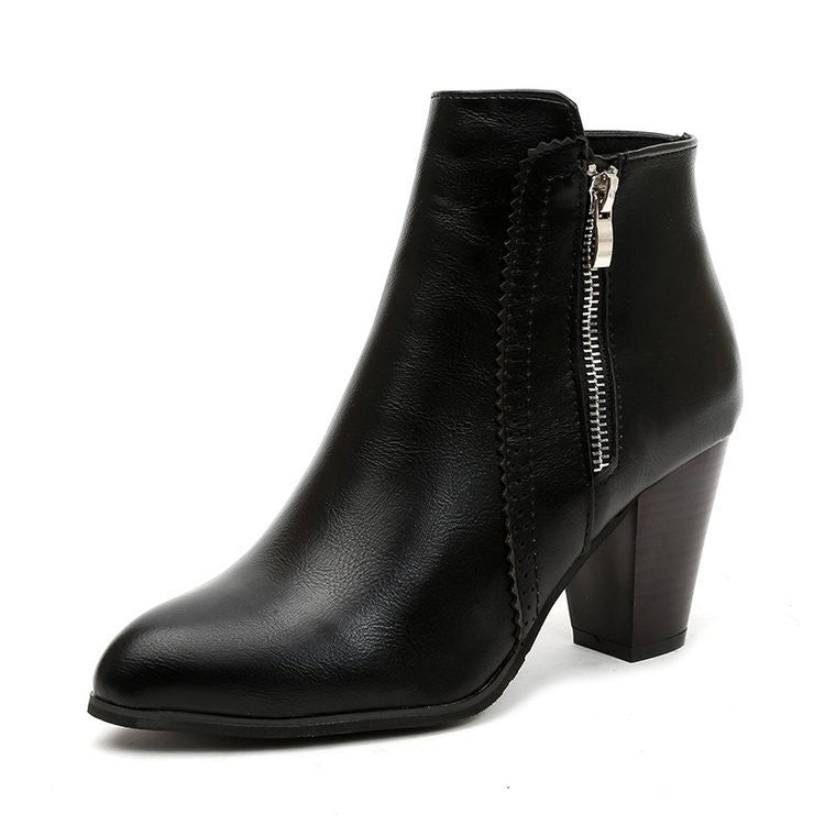 Stacked Block Heel Pointed Toe Ankle Booties - Black