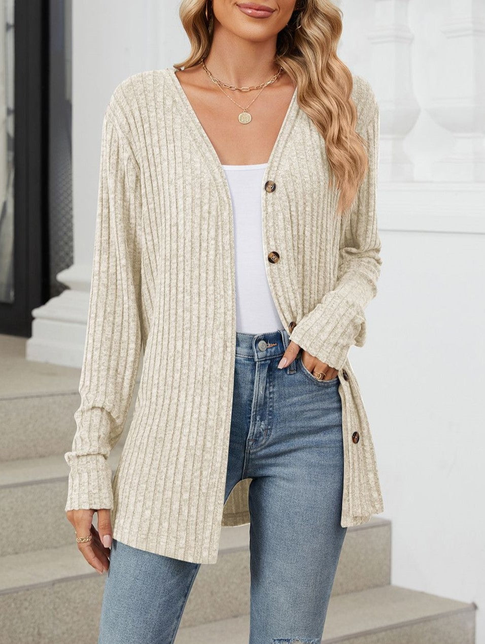 Tie Front Ribbed Button Cardigan - Apricot