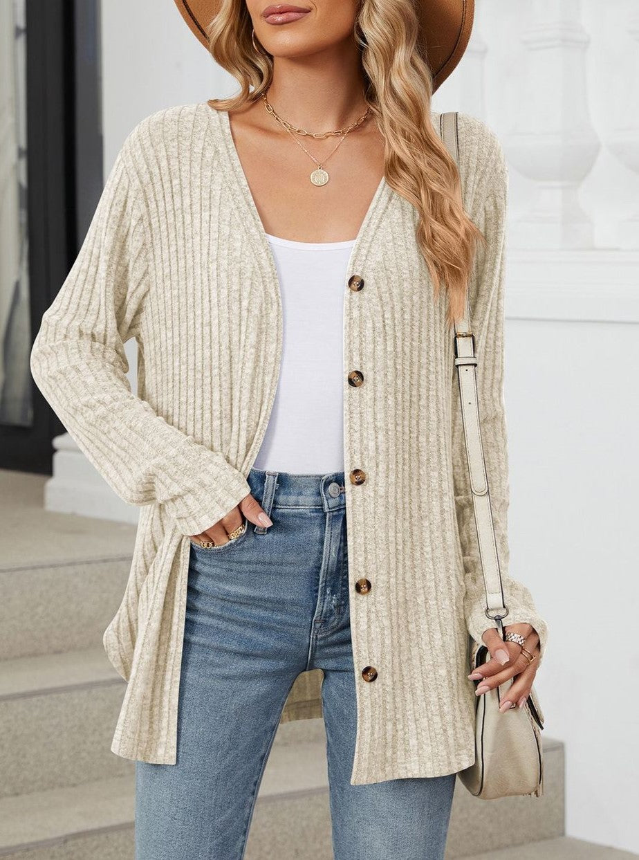 Tie Front Ribbed Button Cardigan - Apricot - 1