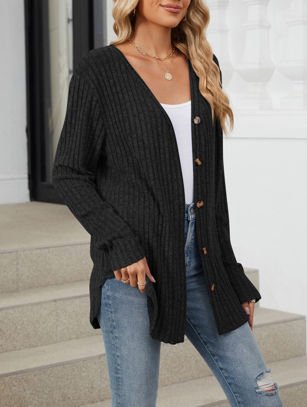 Tie Front Ribbed Button Cardigan - Black