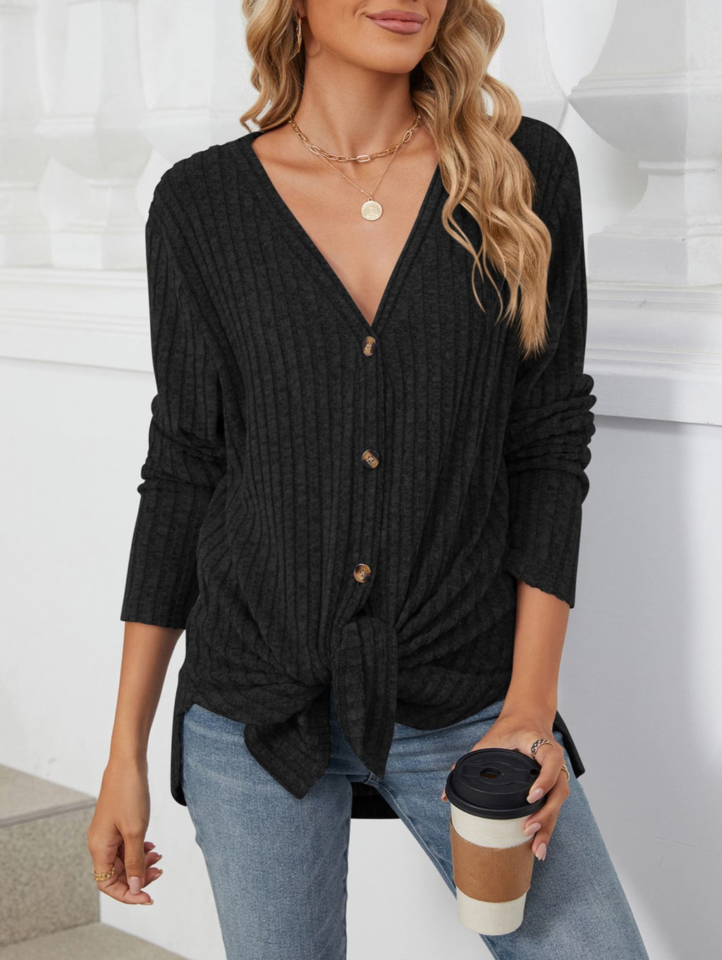 Tie Front Ribbed Button Cardigan - Black - 1