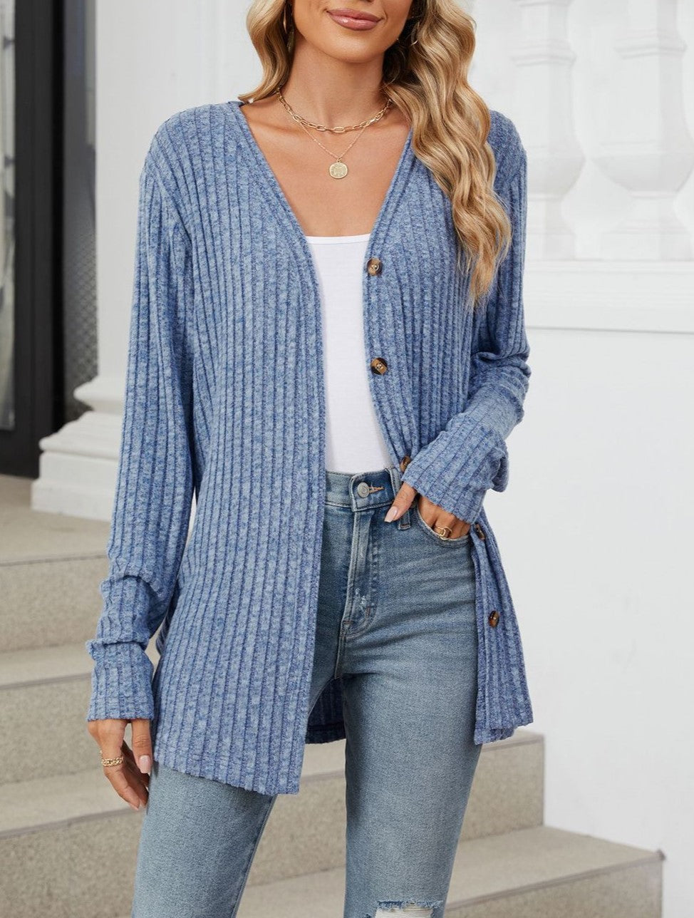 Tie Front Ribbed Button Cardigan - Blue - 1