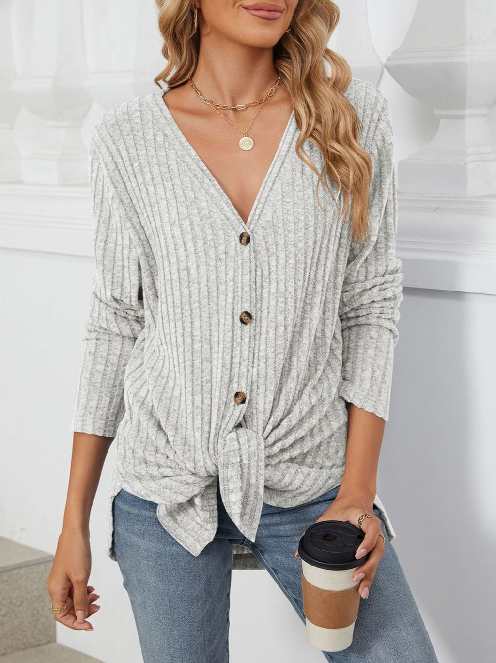 Tie Front Ribbed Button Cardigan - Grey - 1