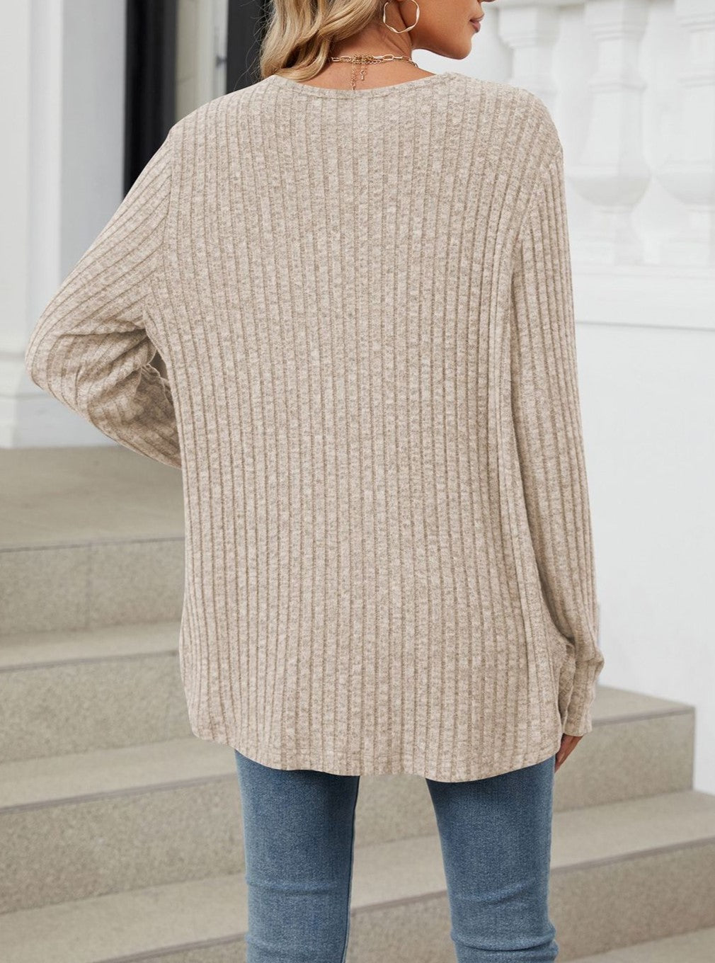 Tie Front Ribbed Button Cardigan - Khaki - 1