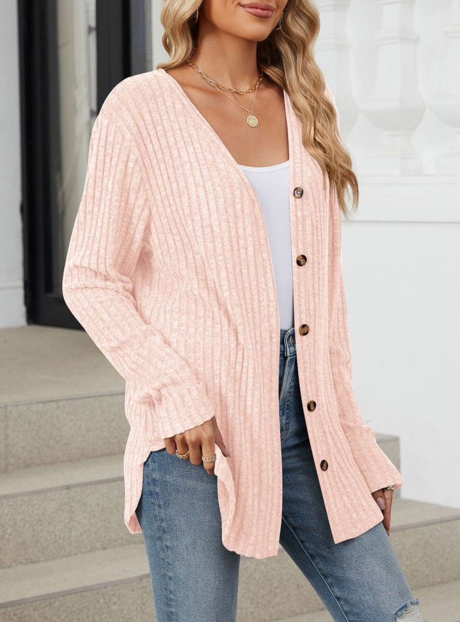 Tie Front Ribbed Button Cardigan - Pink