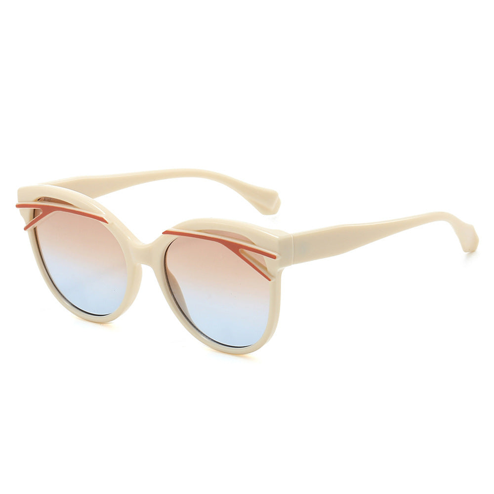 Oversized Round Sunglasses With Brow Bar Accent - Beige