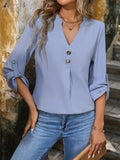 Roll Tab Sleeve V Neck Blouse - Blue