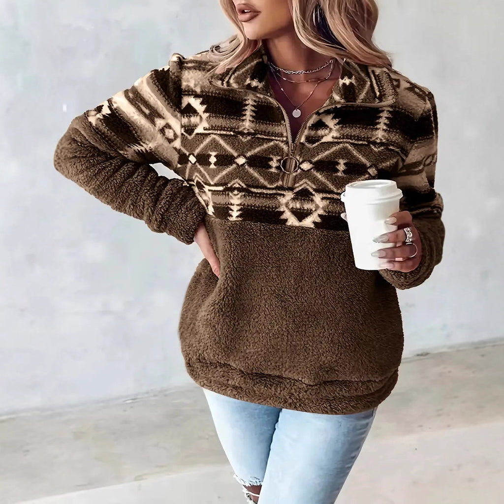 Southwestern Print Sherpa Half Zip Pullover - Coffee