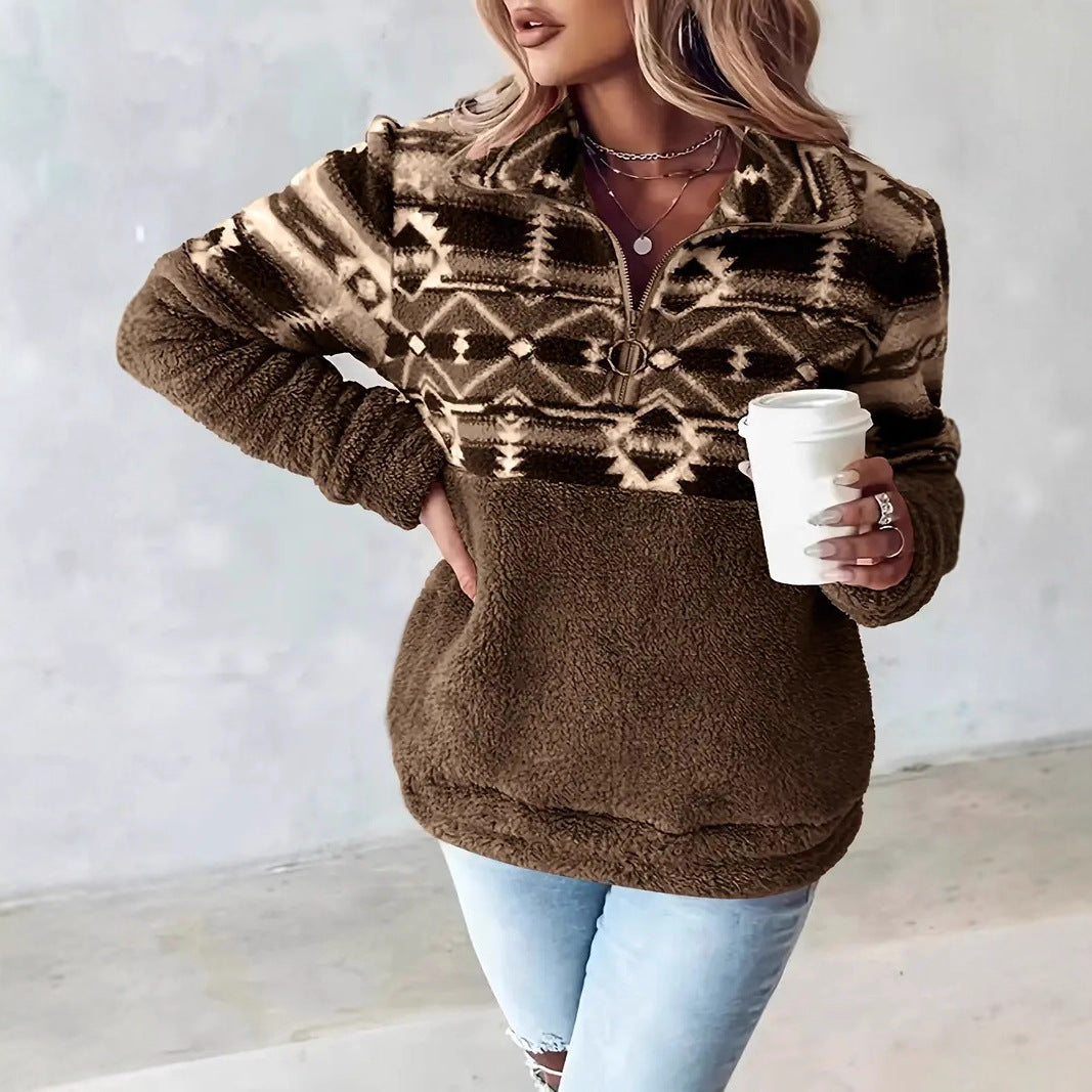 Southwestern Print Sherpa Half Zip Pullover - Coffee