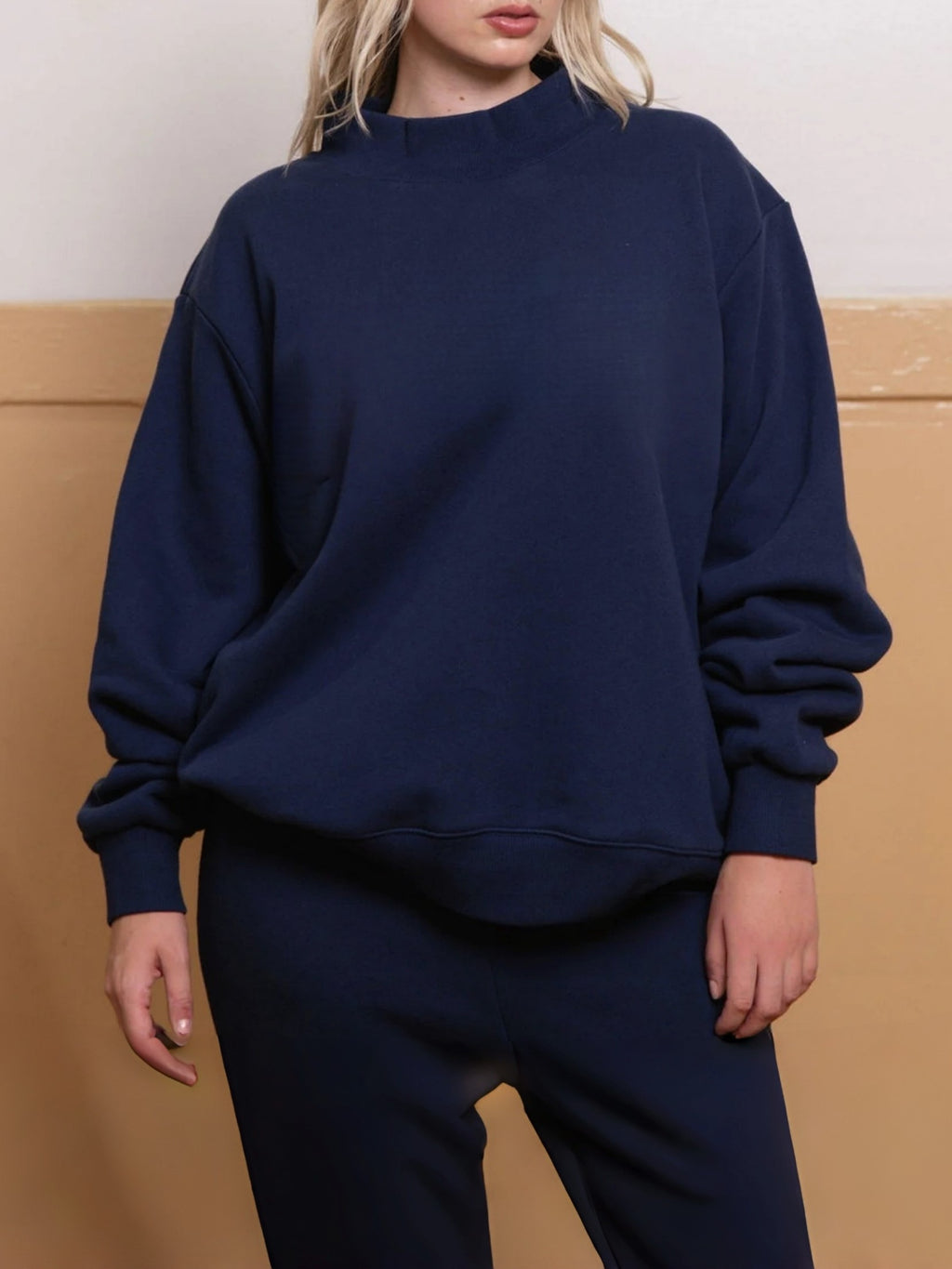Relaxed Mock Neck Fleece Sweatshirt - Navy - 1